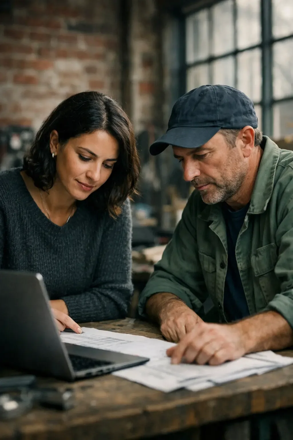 Documentary-style accounting consultation between a specialist and an industrial business owner in a Sheffield workshop.
