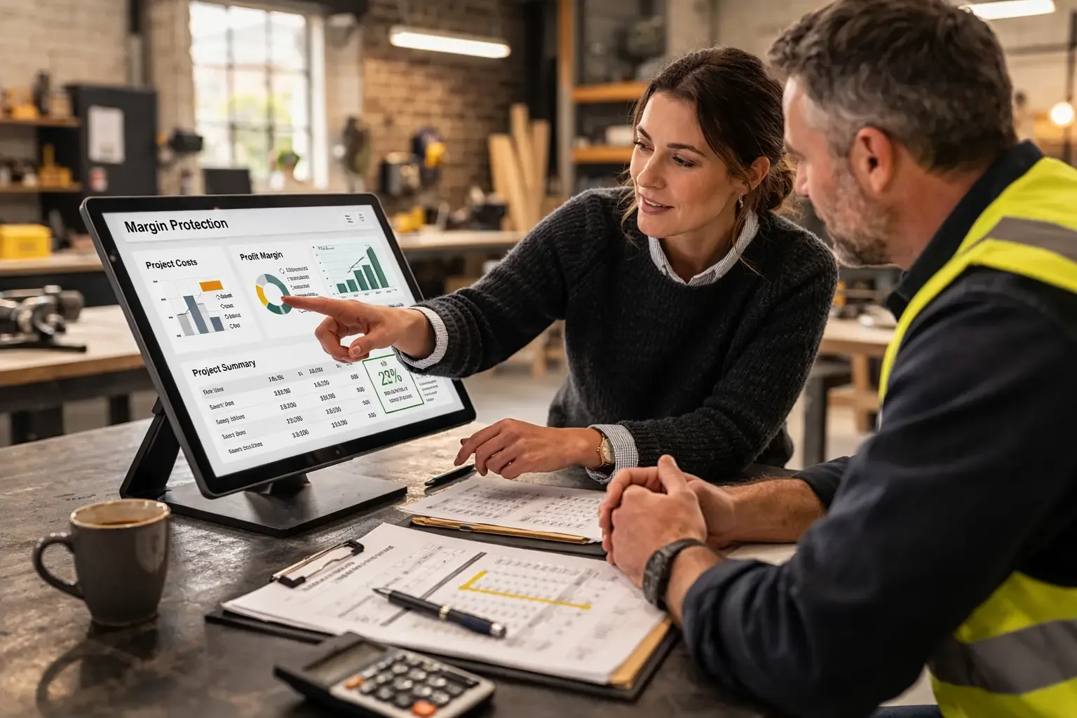 CIMA accountant and Mansfield trade business owner reviewing a digital margin protection dashboard in a workshop.