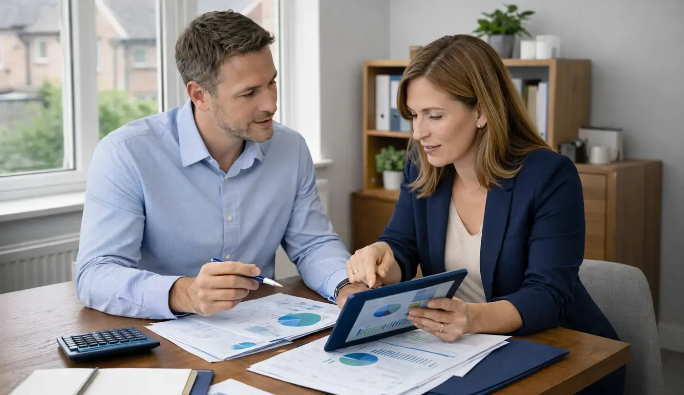 Chartered management accountant reviewing digital corporation tax reports and CT600 filings