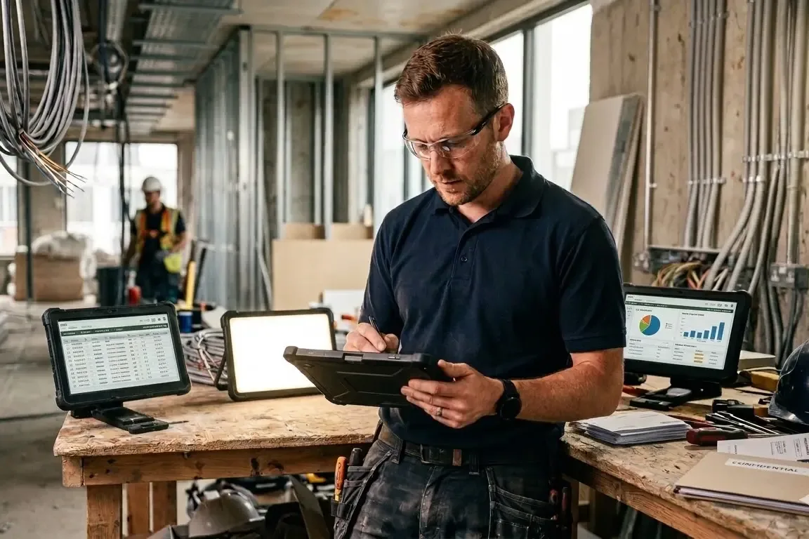 Electrician reviewing CIS payroll records on construction site