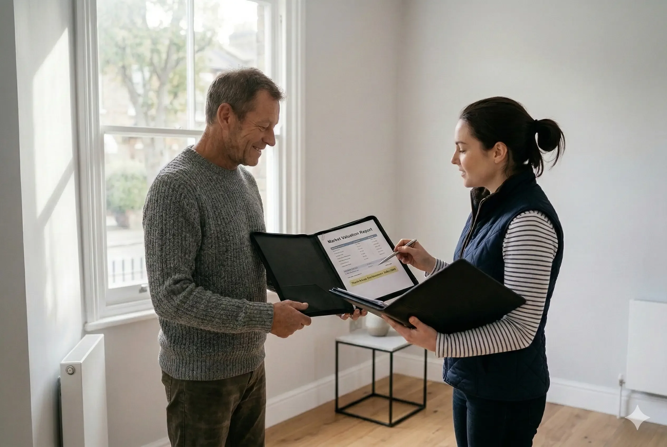 A professional photograph capturing a proud female landlord receiving keys to her fully renovated, modern rental apartment from an impressed estate agent; the light-filled interior highlights the successful capital investment outcome.