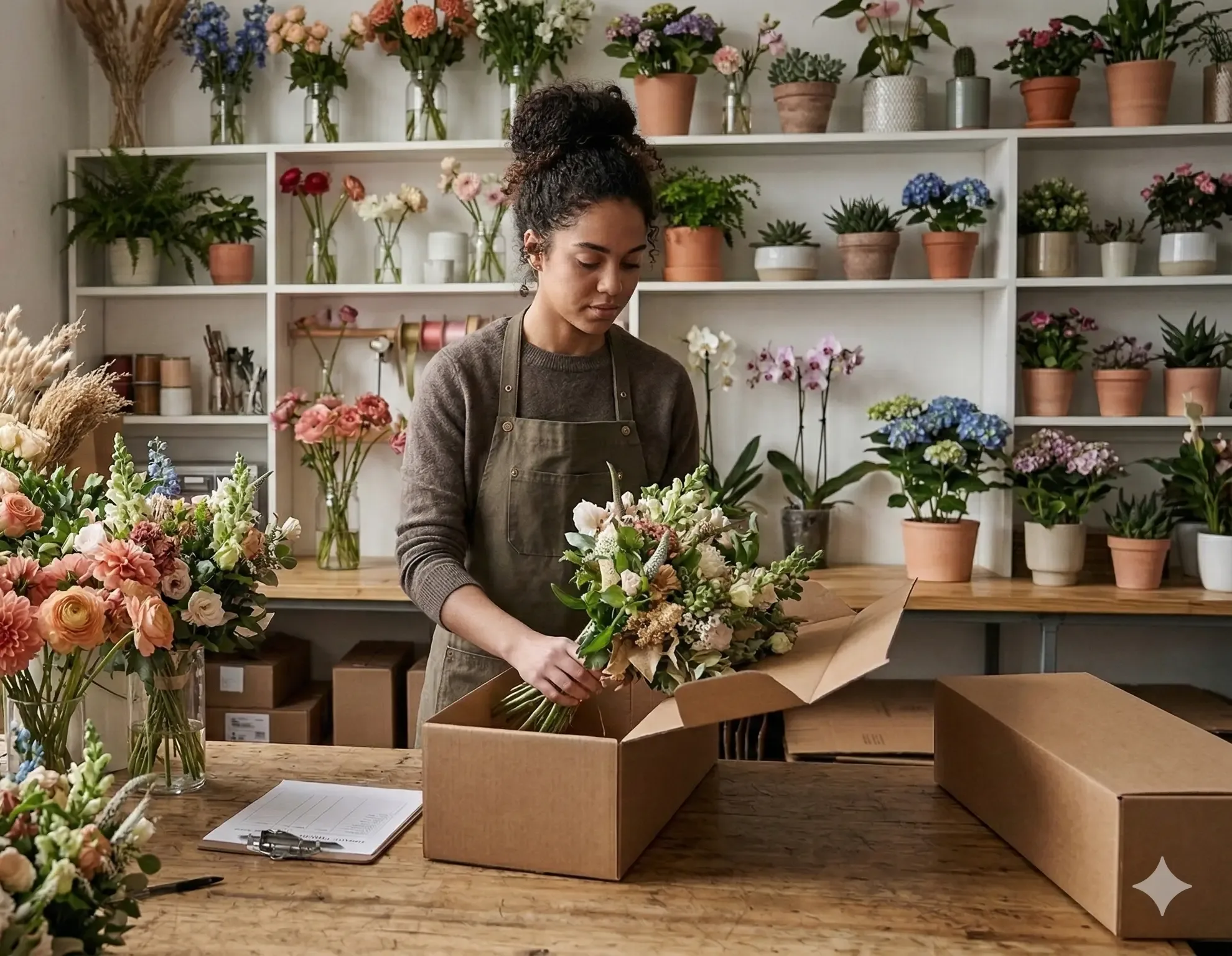 A florist managing order fulfilment in a British studio, representing a creative SME undergoing a technical onboarding process for professional accounting and cash flow management services.