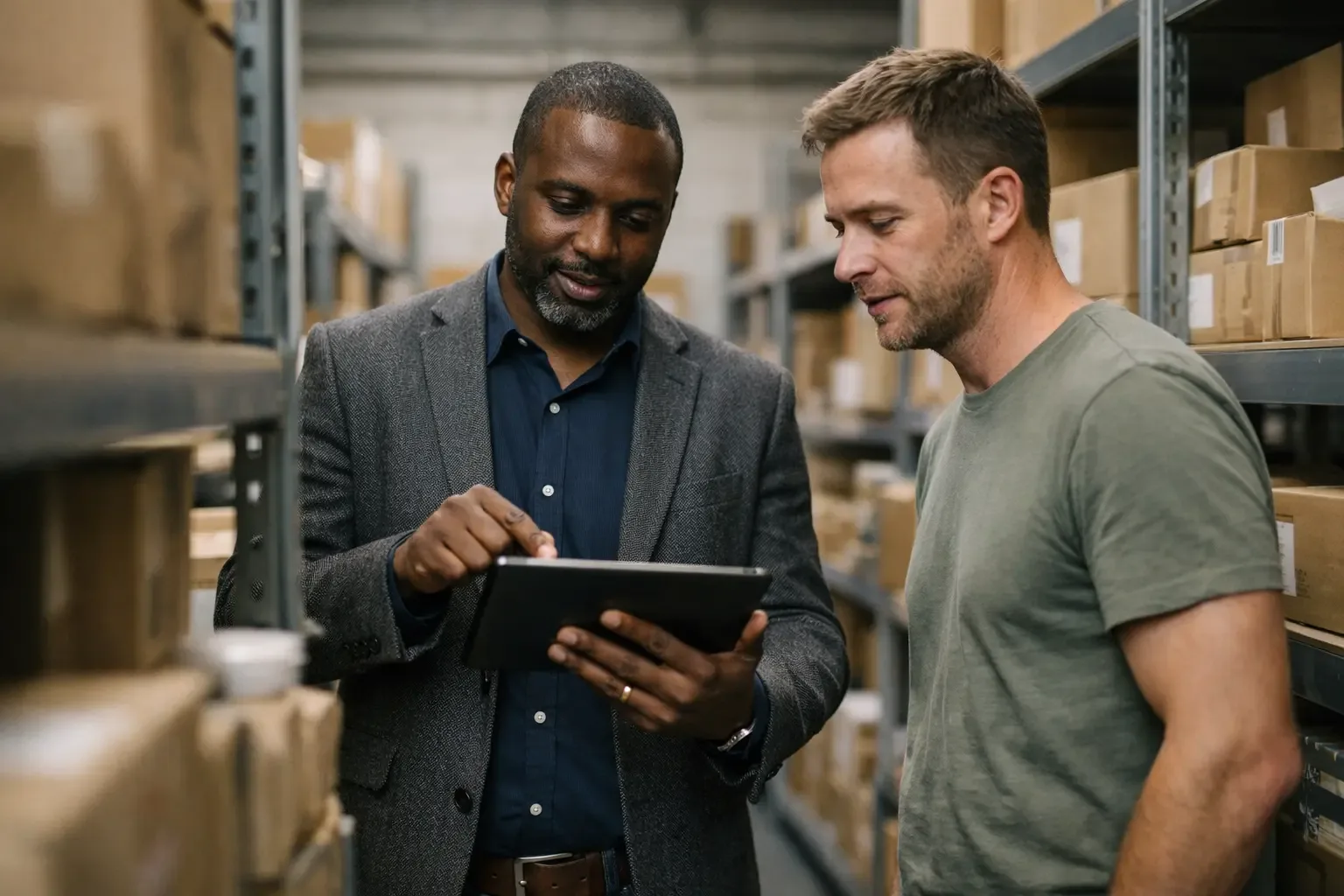 Accountant reviewing ecommerce sales and VAT reports with a warehouse business owner