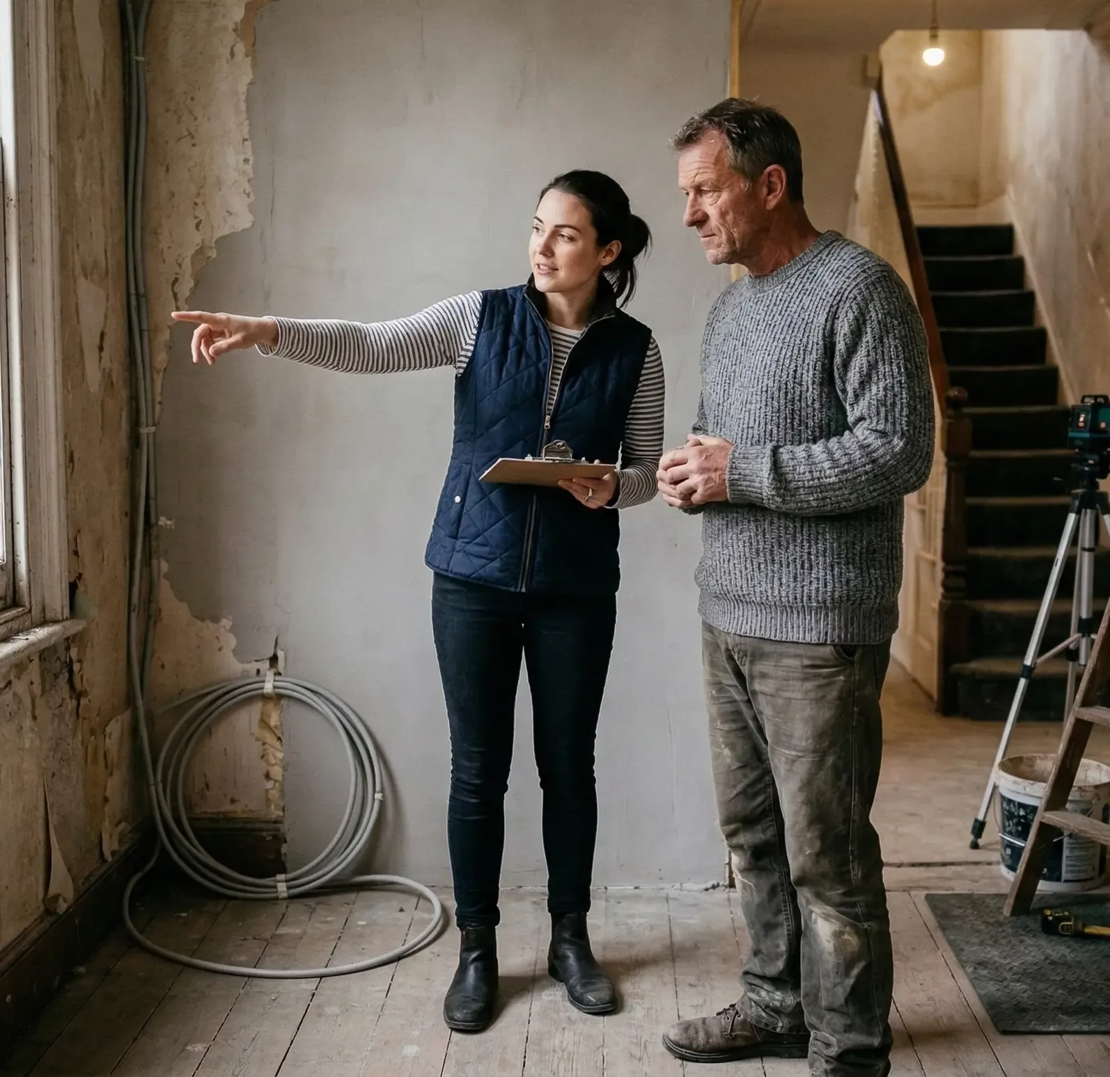 A candid, documentary-style photograph of a local estate agent pointing out renovation potential to a serious property investor within a dusty, dilapidated residential fixer-upper; the scene is raw and authentic, symbolising capital expenditure planning.