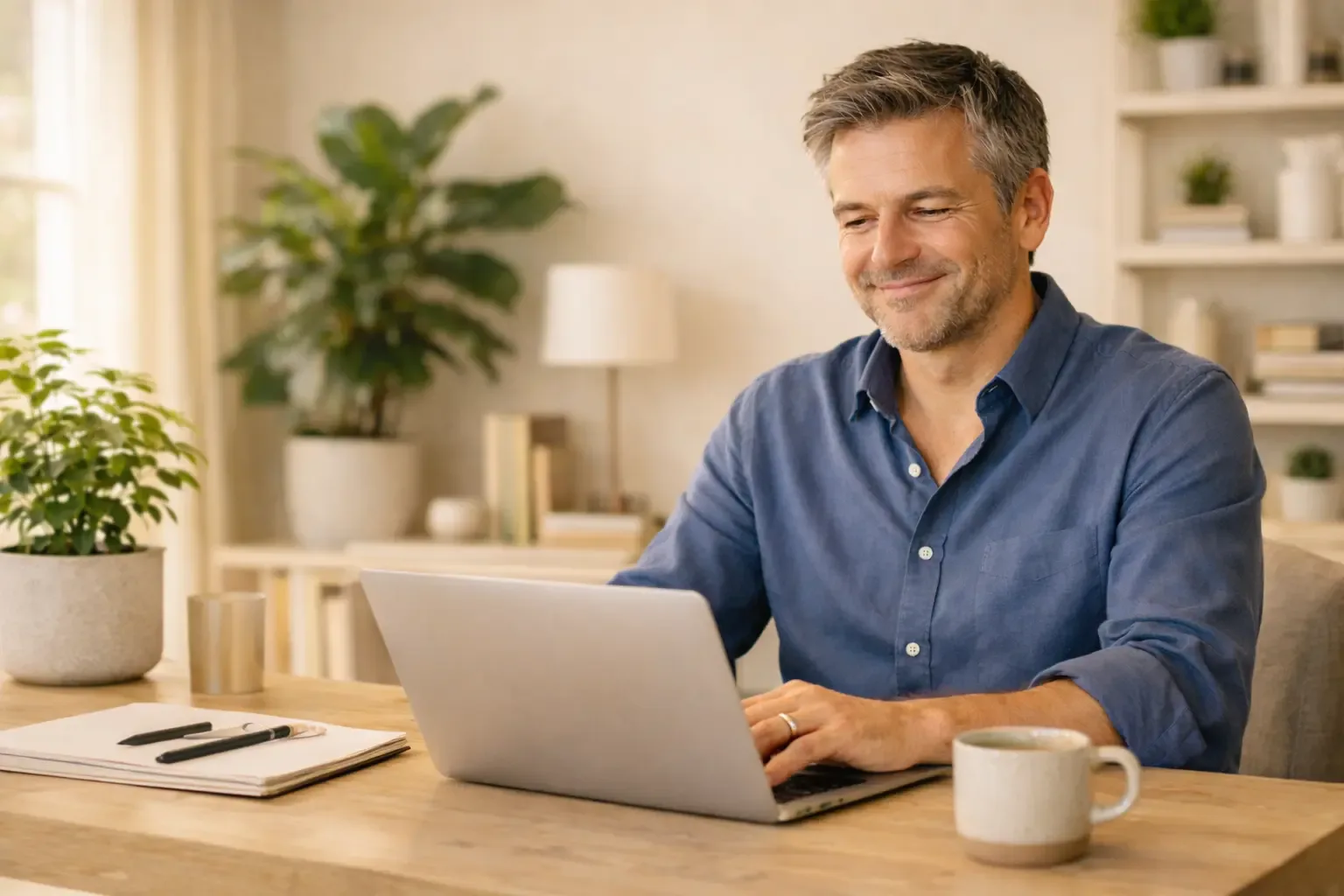 A relaxed limited company director smiling while reviewing financial growth on a laptop