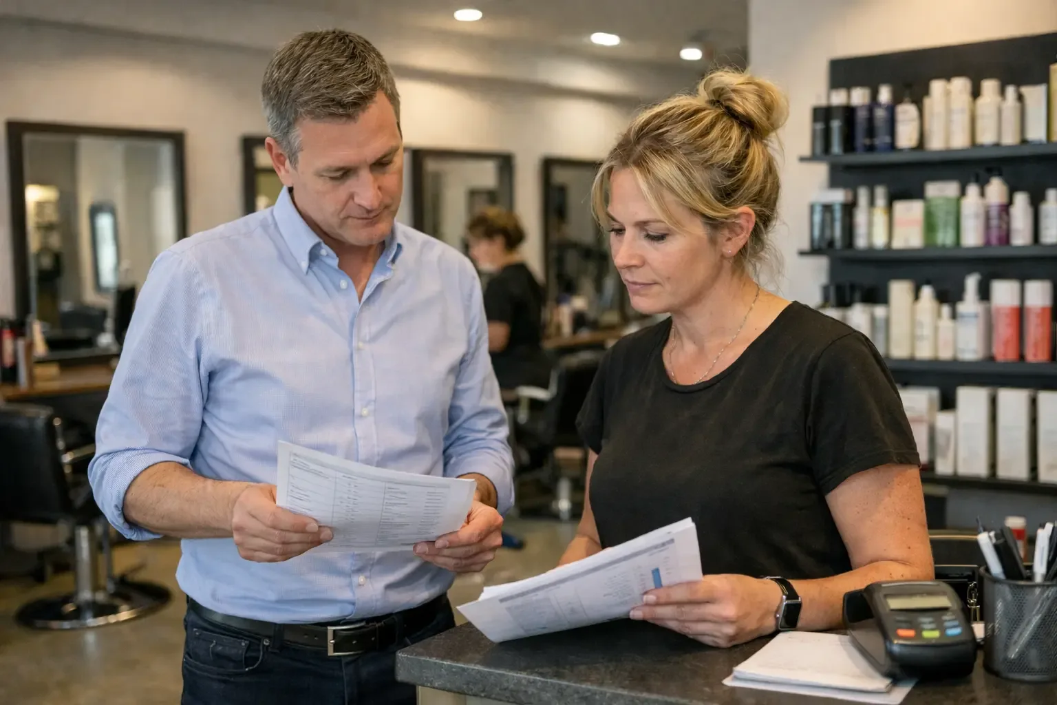 Accountant discussing financial reports with hair salon owner