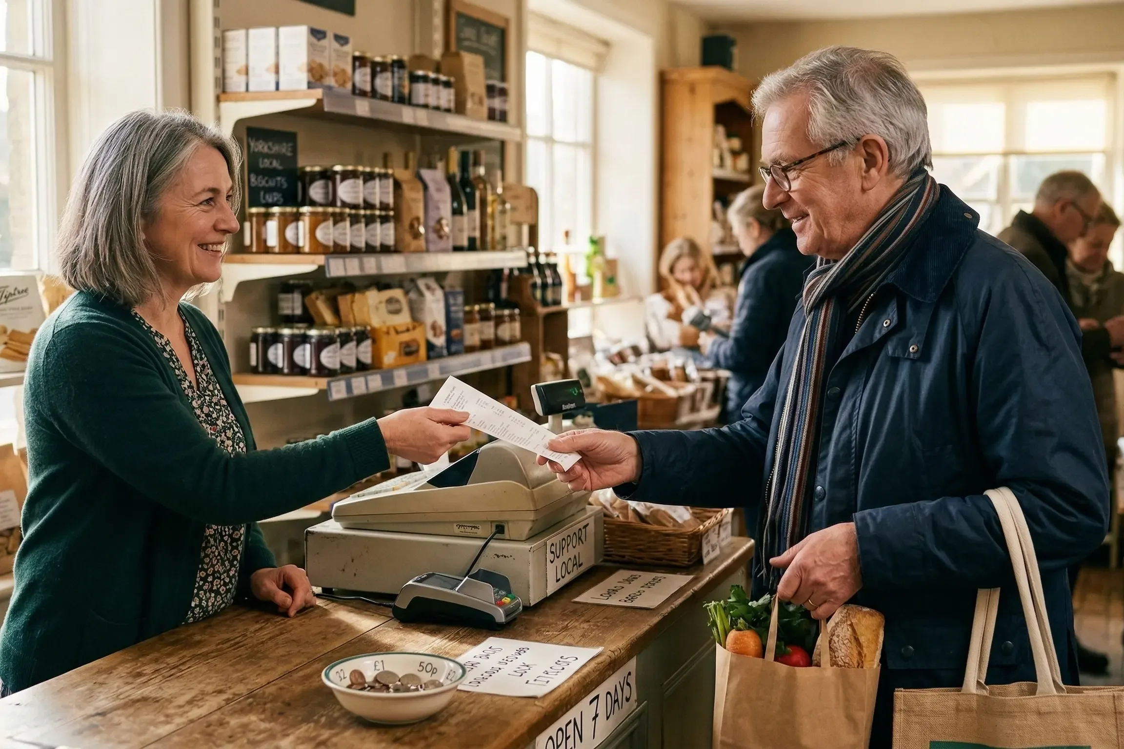 Shopkeeper issuing VAT receipt in UK retail business